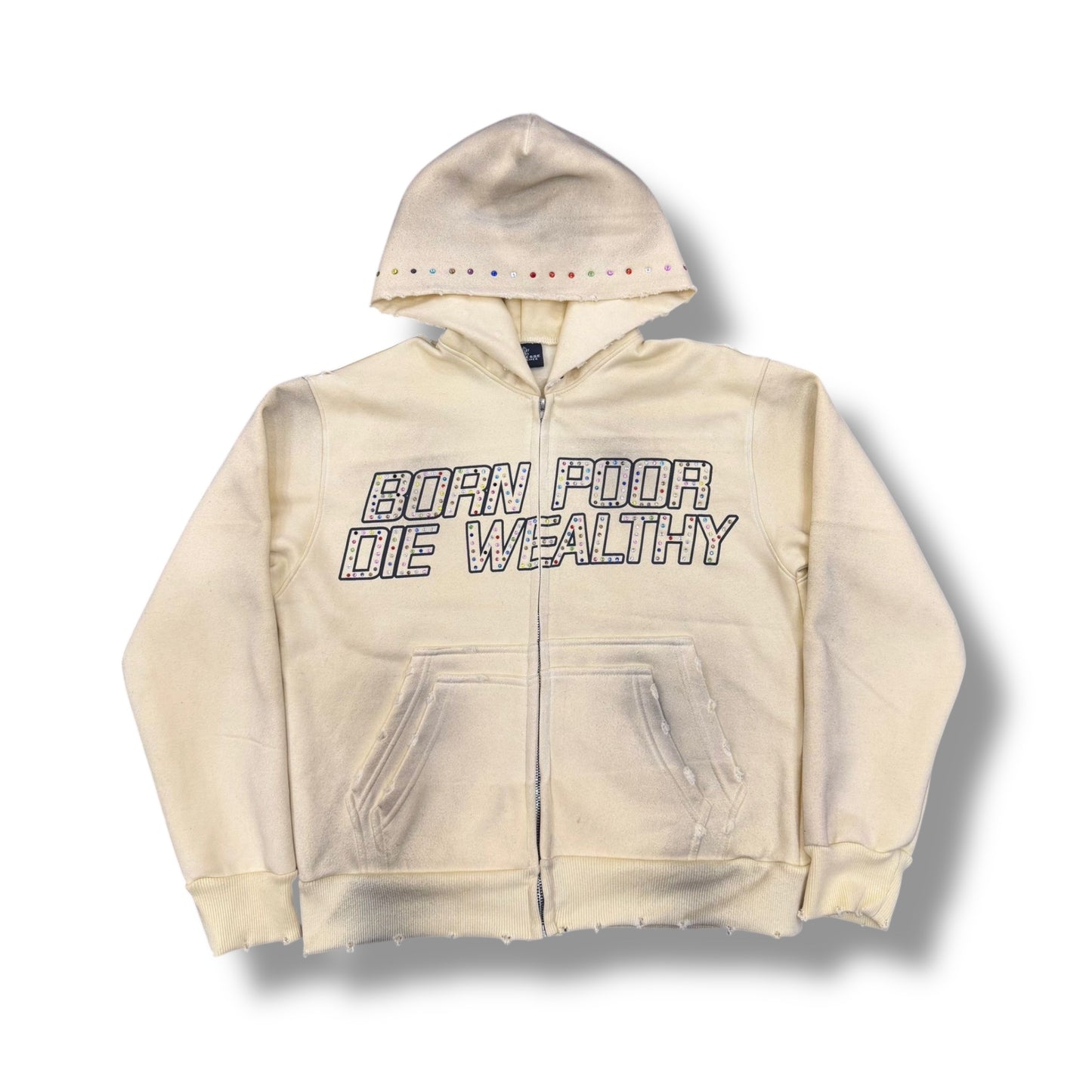 Cream Born Poor Die Wealthy Gemstone Zip Up (WILL SHIP DEC.8th)