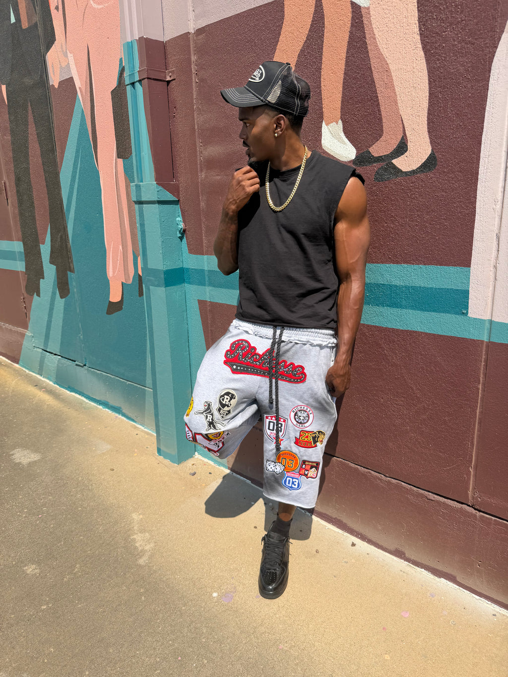 Dirty Wash Gray Patchwork 3/4 Shorts