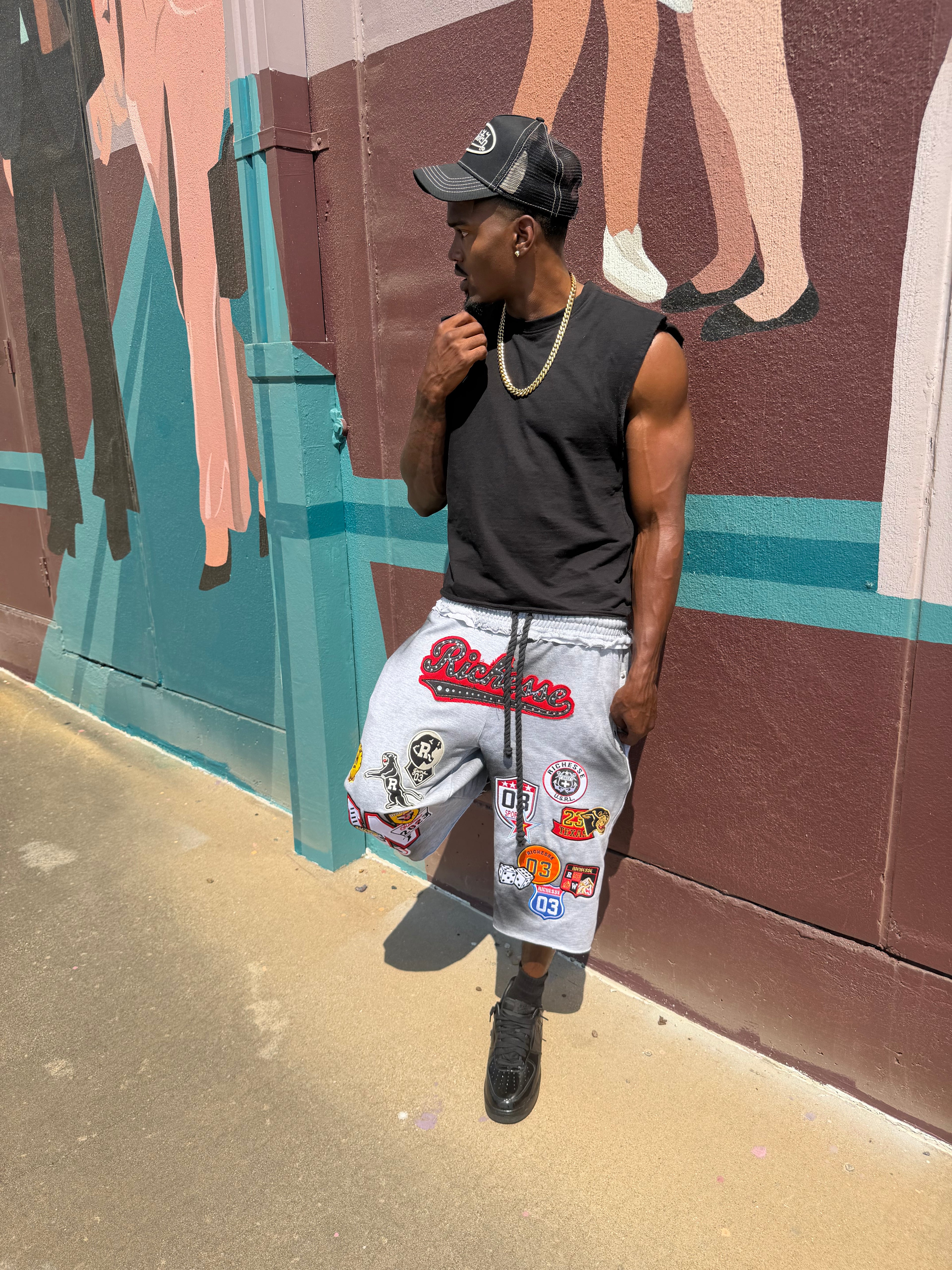 Dirty Wash Gray Patchwork 3/4 Shorts