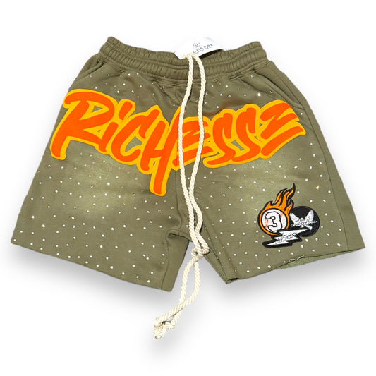 Richesse Olive/orange Rhinestone Shorts