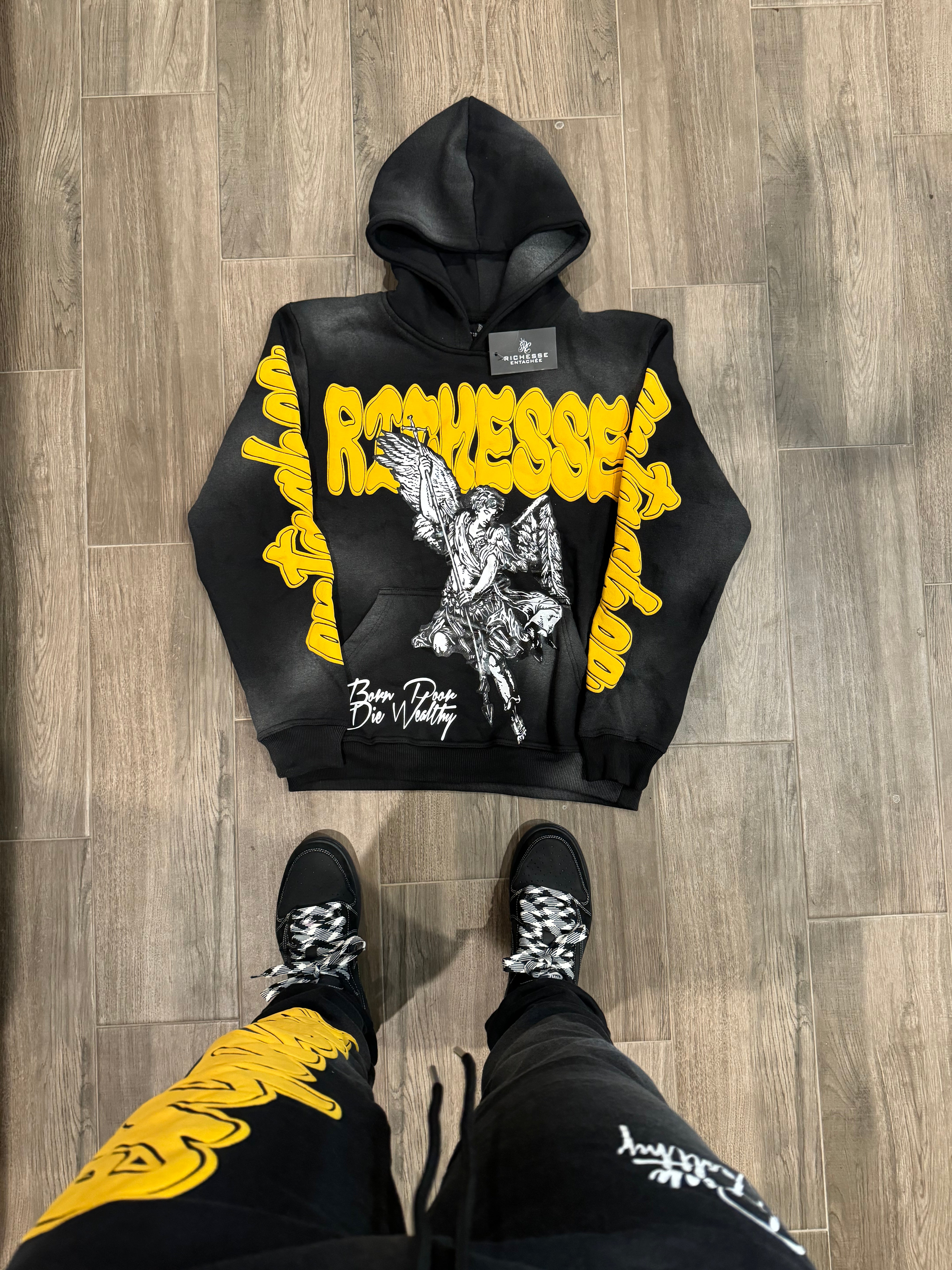 Black/yellow Angel sun faded sweatsuits