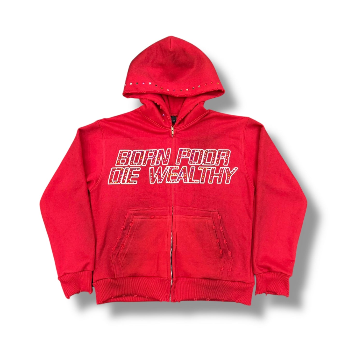 Red Born Poor Die Wealthy Gemstone Zip Up (WILL SHIP DEC.8th)